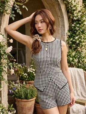 Gingham Button Sleeveless Top & Shorts Set